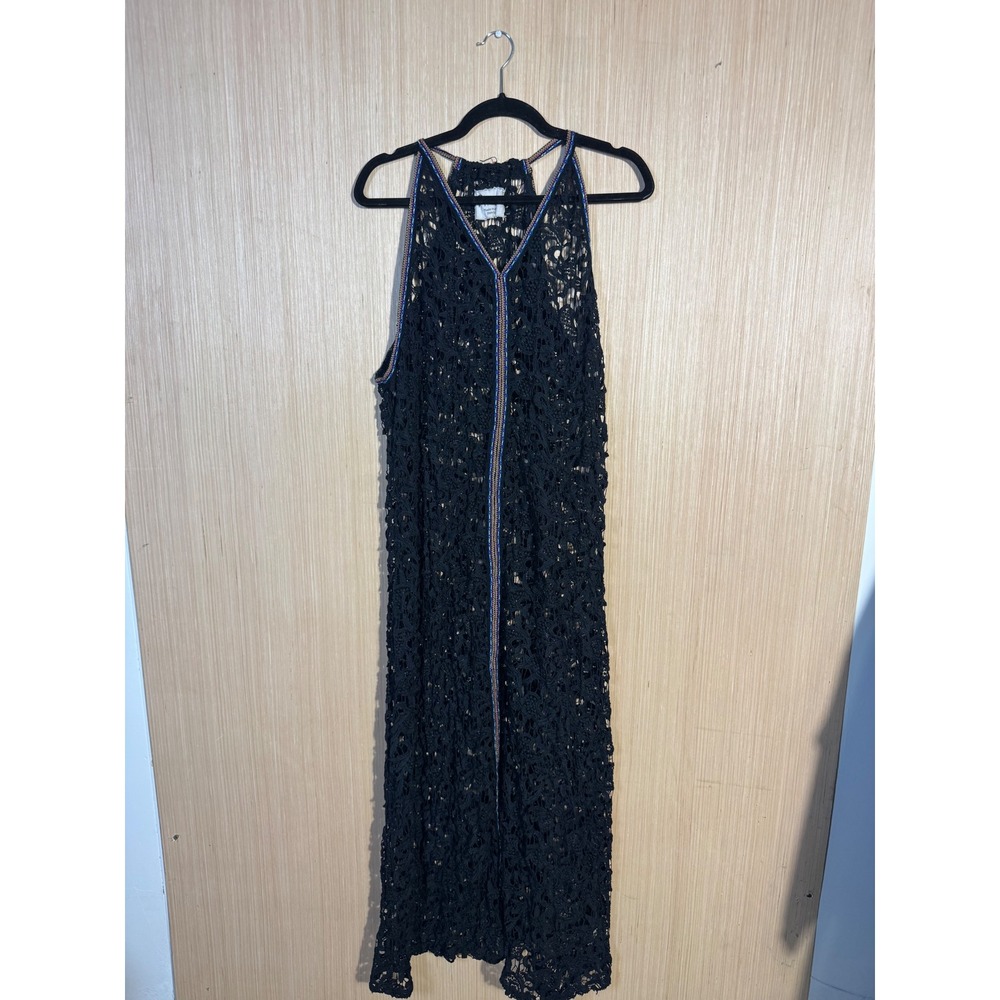 Pitusa Inca Black Lace Maxi Dress Cover Up Rainbow Trim Lace Sleeveless Dress